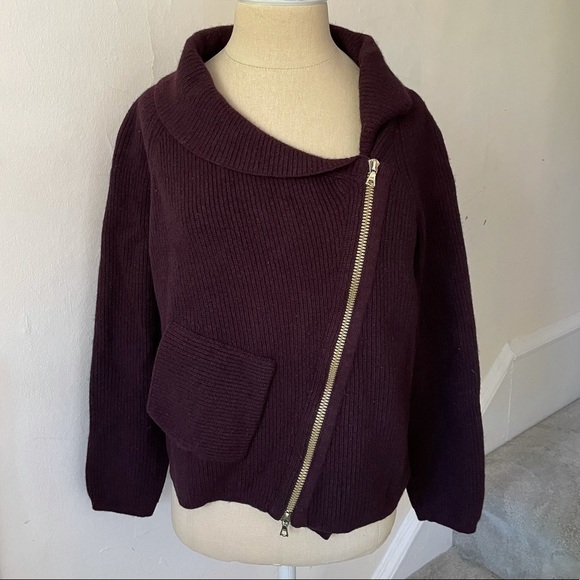 Ghost Maroon Wool Blend Ribbed Asymmetrical Moto Sweater Size Small - Picture 1 of 9